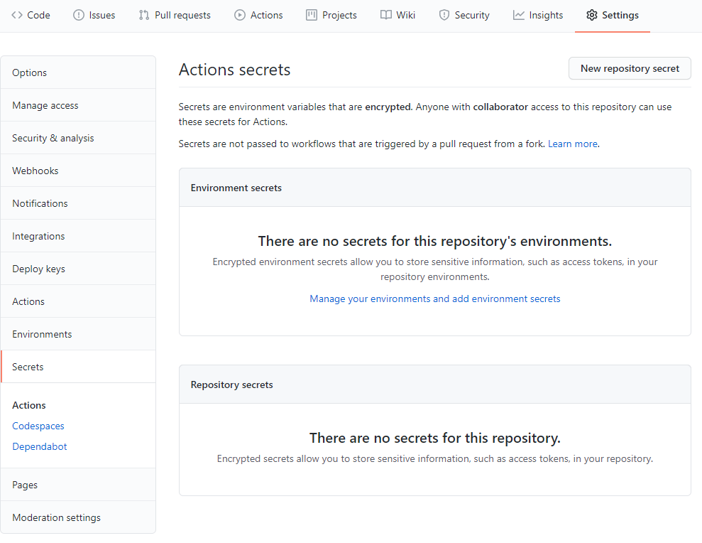 GitHub Actions add new repository secret